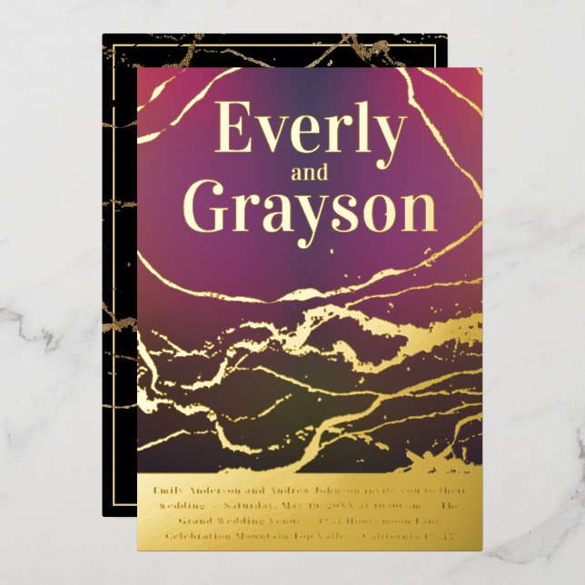 Ombre Purple Red Marble Veining Gold Wedding    (Front/Back)