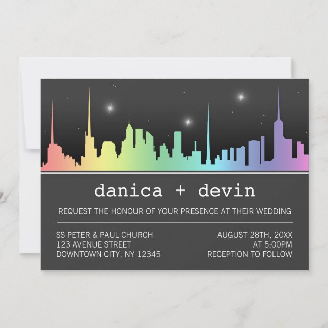 Ombre Rainbow City Skyline Wedding Invitations (Front)