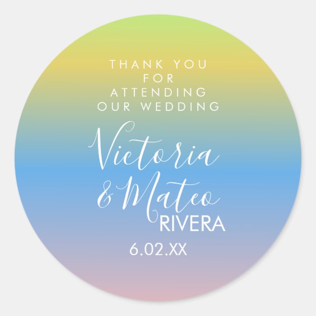 Ombre Rainbow Yellow Blue Pink Wedding   Classic Round Sticker (Front)
