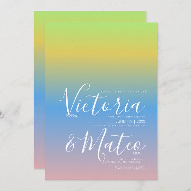 Ombre Rainbow Yellow Blue Pink Wedding  Invitation (Front/Back)