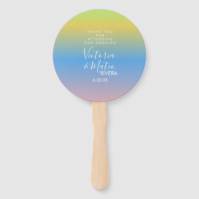 Ombre Rainbow Yellow Blue Pink Wedding  Thank You  Hand Fan (Front)