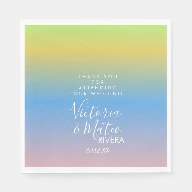 Ombre Rainbow Yellow Blue Pink Wedding  Thank You Napkin (Front)