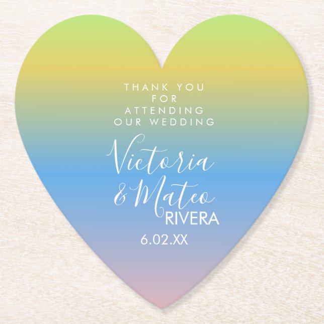 Ombre Rainbow Yellow Blue Pink Wedding  Thank You  Paper Coaster (Front)