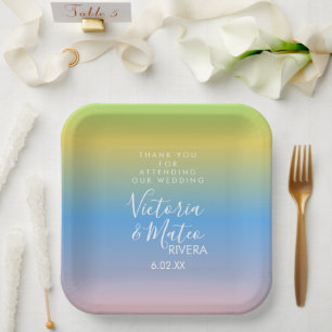 Ombre Rainbow Yellow Blue Pink Wedding  Thank You  Paper Plate