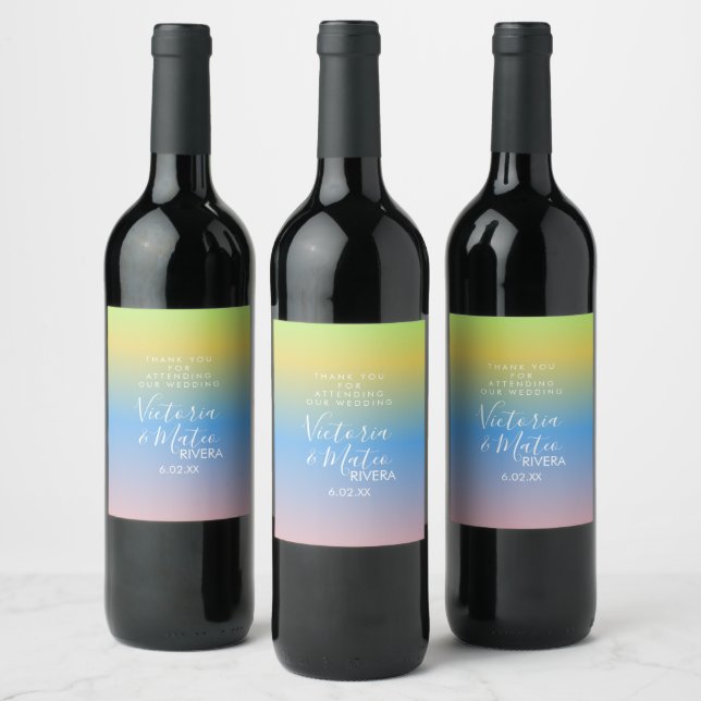 Ombre Rainbow Yellow Blue Pink Wedding    Wine Label (Bottles)