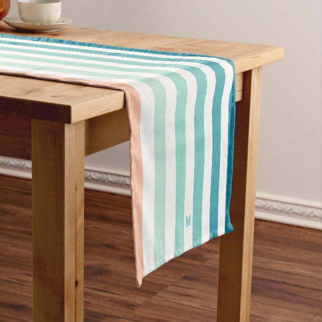 Ombre Sea Shore Stripe & Personalised Monogram Short Table Runner (In Situ)
