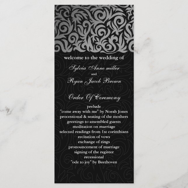 Ombre silver and Black Swirling Border Wedding Programme (Front)