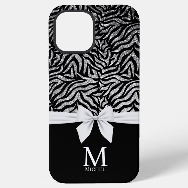 Ombre silver Glitter Zebra Stripes Bow Monogram iPhone Case (Back)
