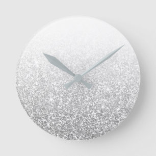 Ombre Silver Sparkly White Blue White Grey Minimal Round Clock