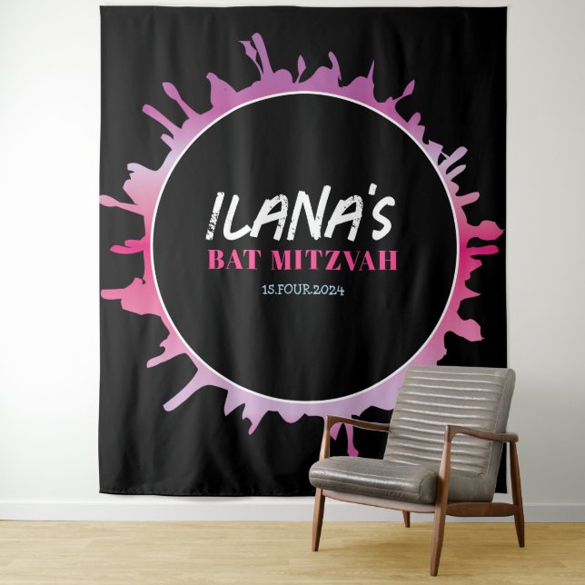 Ombre Splatter Bat Bar Mitzvah Photo-Op Backdrop Tapestry (In Situ)