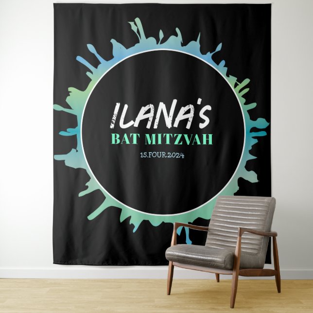 Ombre Splatter Bat Bar Mitzvah Photo-Op Backdrop Tapestry (In Situ)