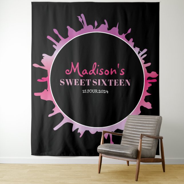 Ombre Splatter Sweet Sixteen 16 Photo-Op Backdrop Tapestry (In Situ)