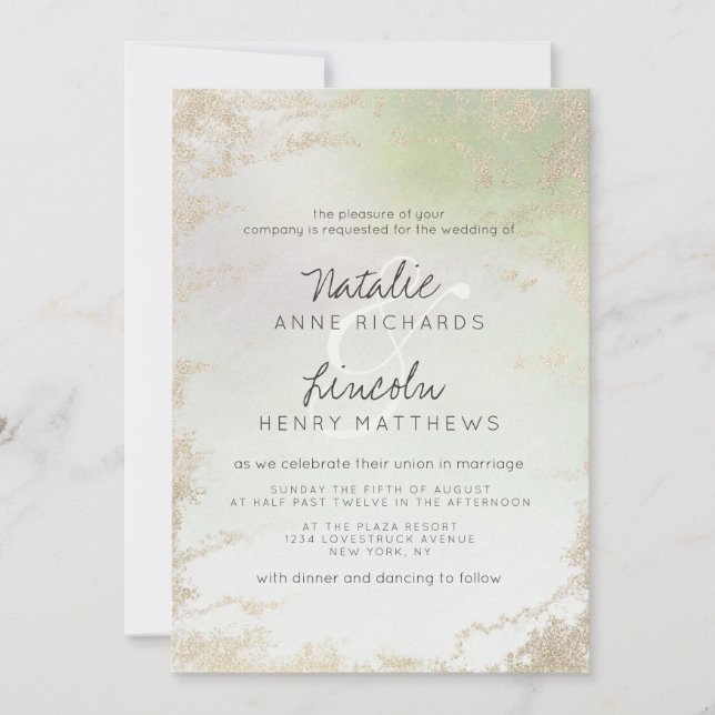 Ombre Spring Green Gold Foil Watercolor Wedding Invitation (Front)