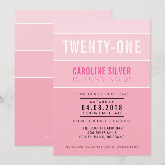 OMBRE STRIPE 21ST birthday party INVITE chic pink (Front/Back)