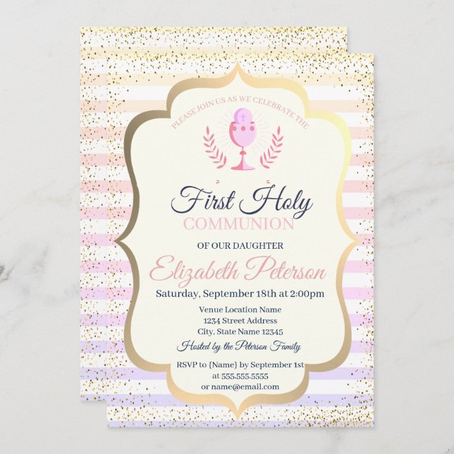 Ombre Stripes Confetti First Holy Communion Invitation (Front/Back)