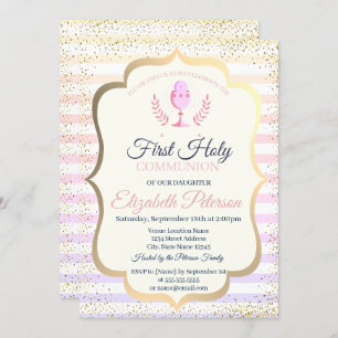 Ombre Stripes Confetti First Holy Communion Invitation