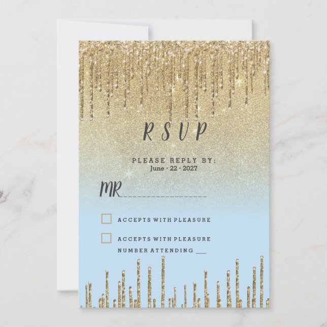 Ombre teal gold glitter drips script RSVP  Invitation (Front)