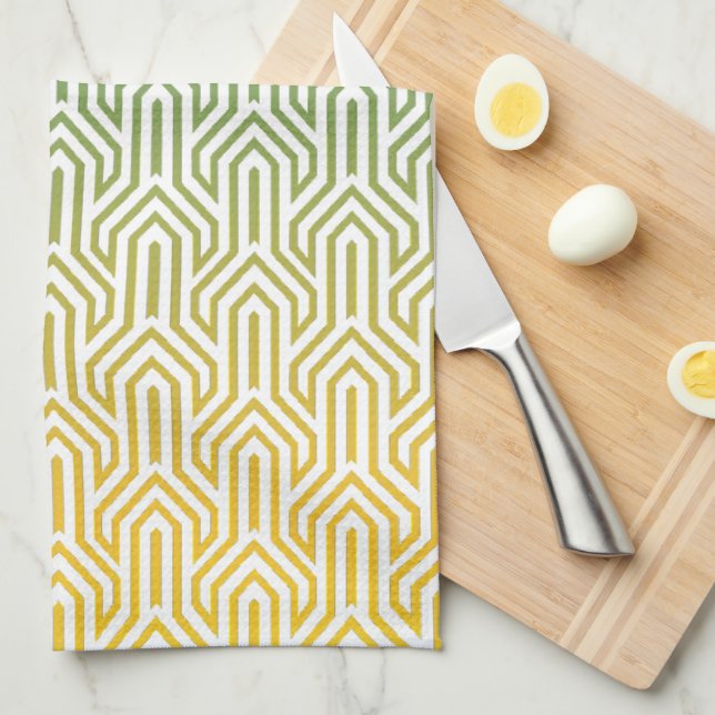 Ombre-themed Turquoise Yellow Art Deco Pattern Tea Towel (Quarter Fold)