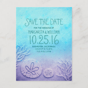 Ombre turquoise blue beach save the date postcards