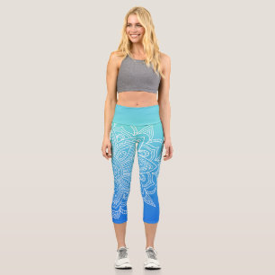 Ombre Turquoise Blue Mandala Yoga Capri Leggings