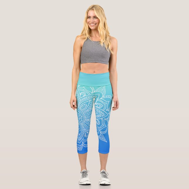 Ombre Turquoise Blue Mandala Yoga Capri Leggings (Front)