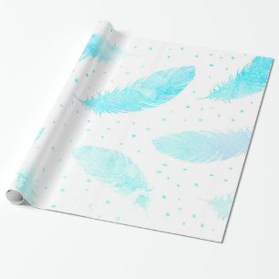 *~* Ombre Turquoise Feathers Dots on White Wrapping Paper