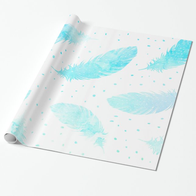 *~* Ombre Turquoise Feathers Dots on White Wrapping Paper (Unrolled)