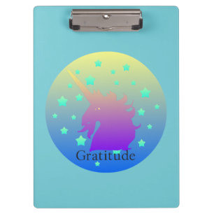 Ombre unicorn with word gratitude clipboard