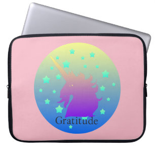 Ombre unicorn with word gratitude laptop sleeve