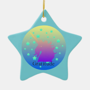 "Ombre unicorn with word gratitude" Ornament. Ceramic Tree Decoration