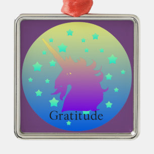 "Ombre unicorn with word gratitude" Ornament. Metal Tree Decoration