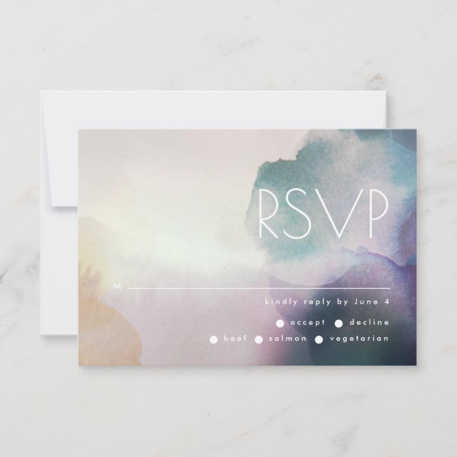 Ombre Watercolor in Purple and Gold Wedding RSVP Card (Front)