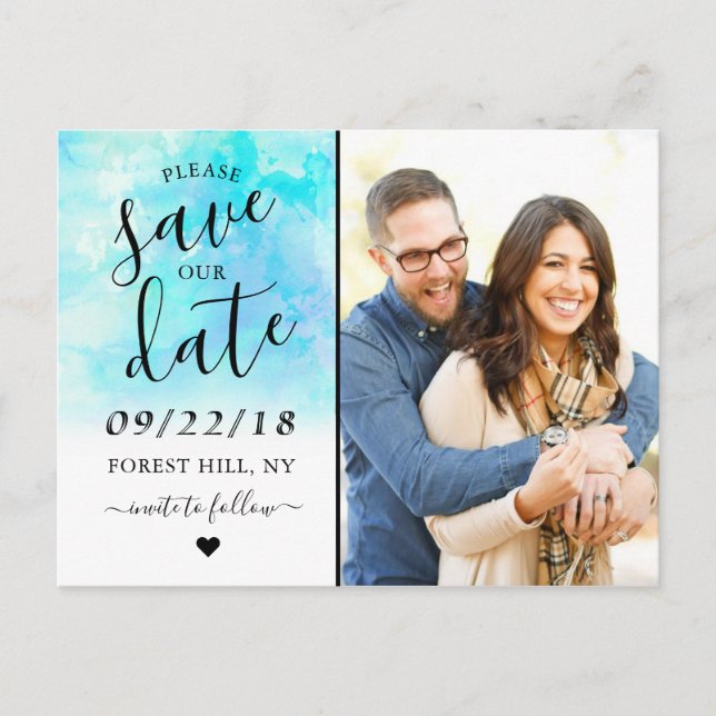 Ombre Watercolor Save The Date Postcard - Blue (Front)