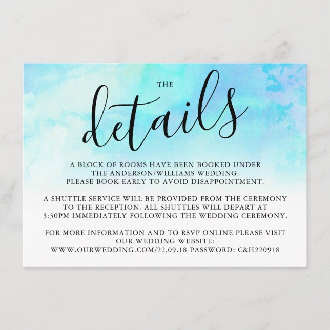 Ombre Watercolor Wedding Detail Card - Blue (Front)
