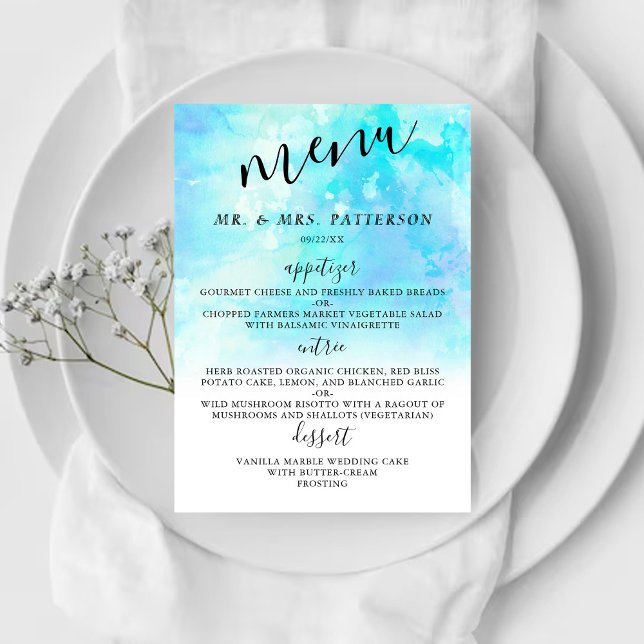 Ombre Watercolor Wedding Menu Cards - Blue (Creator Uploaded)