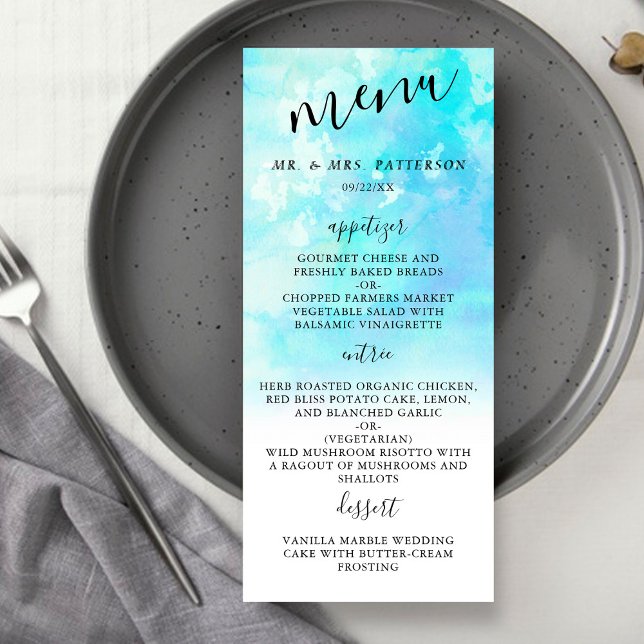 Ombre Watercolor Wedding Menu Cards - Blue (Creator Uploaded)