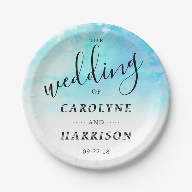 Ombre Watercolor Wedding Paper Plates - Blue (Front)