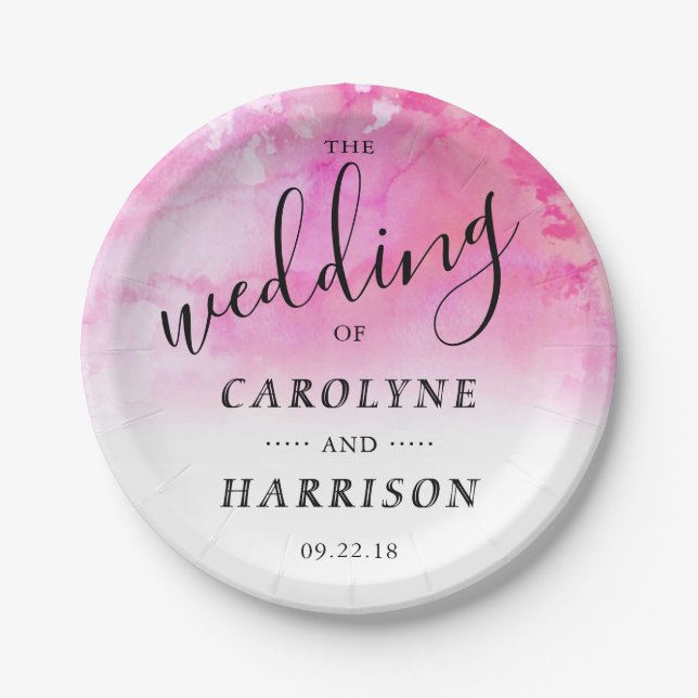 Ombre Watercolor Wedding Paper Plates - Pink (Front)