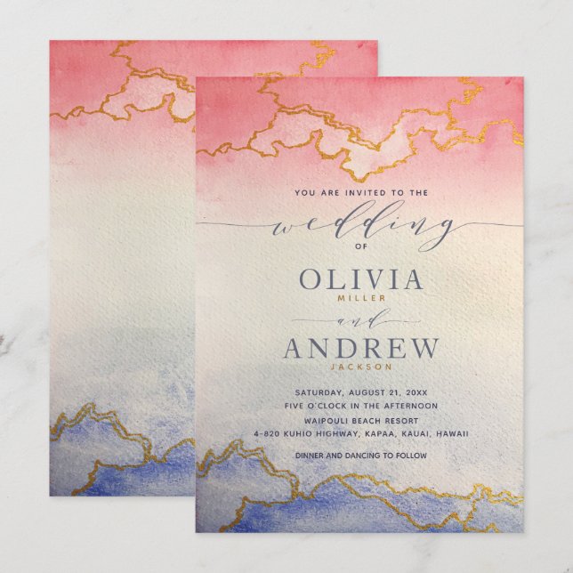 Ombre Watercolor Wedding Pink and Blue Invitation (Front/Back)