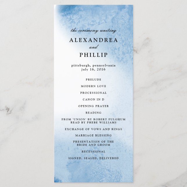 Ombre Watercolor Wedding Program | Blue Programme (Front)