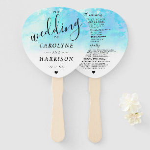 Ombre Watercolor Wedding Program Hand Fans - Blue