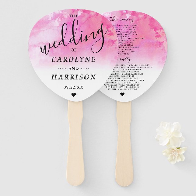Ombre Watercolor Wedding Program Hand Fans - Pink (Front and Back)