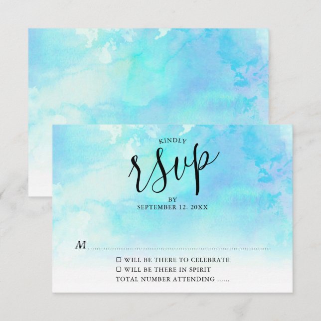 Ombre Watercolor Wedding RSVP Card - Blue (Front/Back)