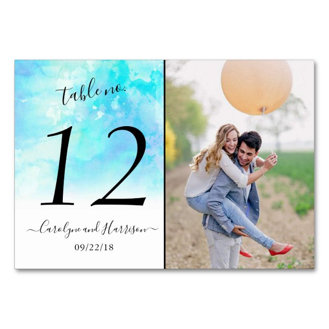 Ombre Watercolor Wedding Table Number Cards - Blue (Front)