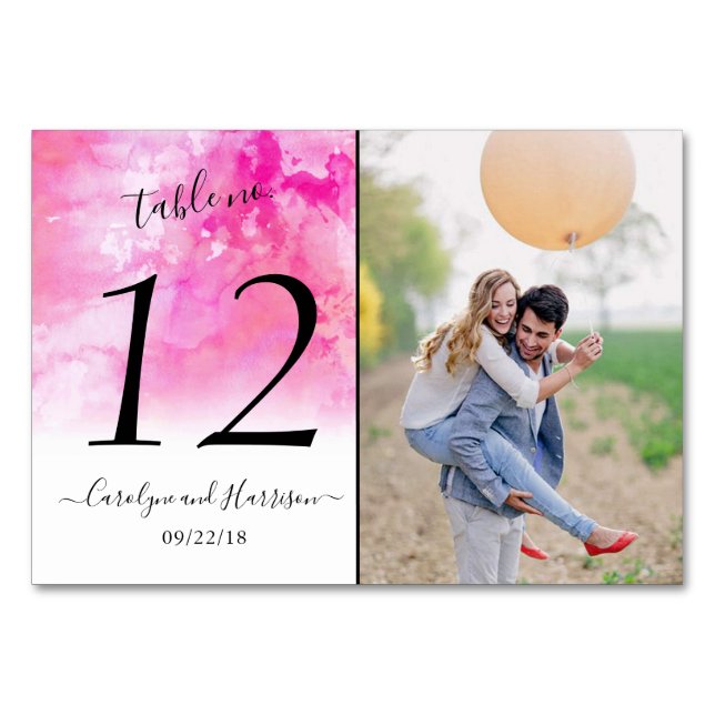 Ombre Watercolor Wedding Table Number Cards - Pink (Front)