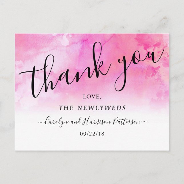 Ombre Watercolor Wedding Thank You Postcards- Pink Announcement Postcard (Front)