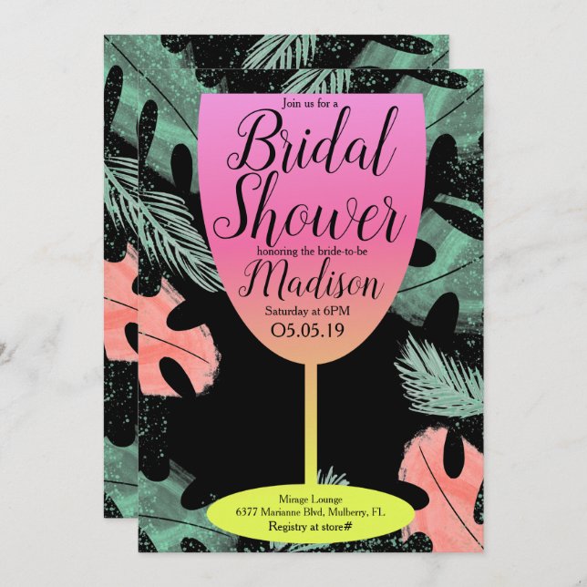Ombre Wine Glass Tropical Bridal Shower Invitation (Front/Back)