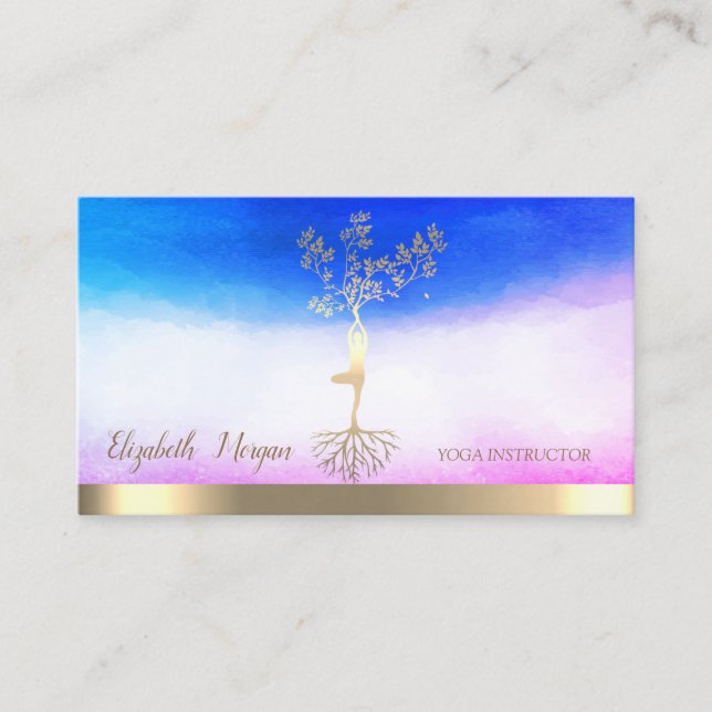 Ombre Yoga Instructor Gold Tree Women Silhouette Business Card (Front)