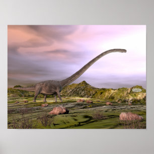 Omeisaurus walking in the desert by sunset poster
