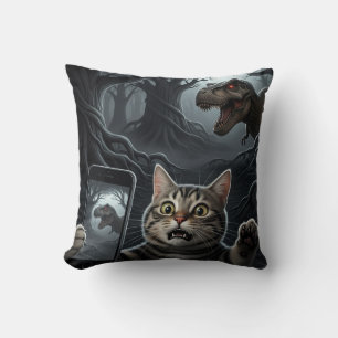 OMG A Dinosaur! Funny Cat Selfie with T-Rex Cushion